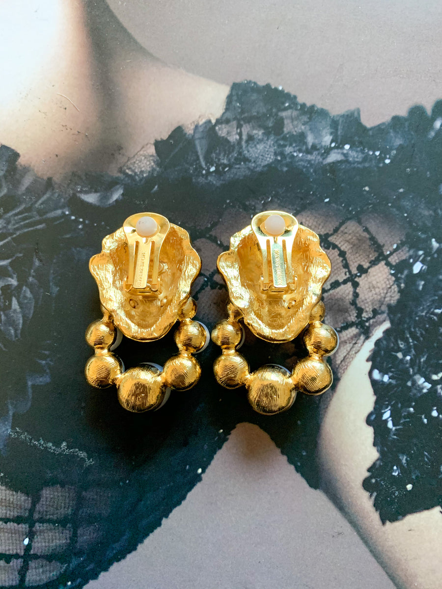 Kenneth Jay Lane Lion Head Pearl Doorknocker Earrings